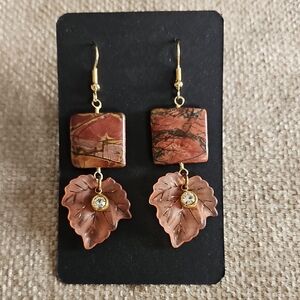 Handmade Red Jasper and Leaf Dangle Earrings - Gold Tone